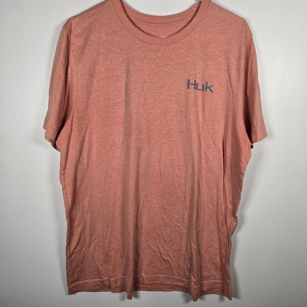 Huk Mens Heathered Coral Cotton Poly Short Sleeve T-Shirt Fish Emblem Size XL